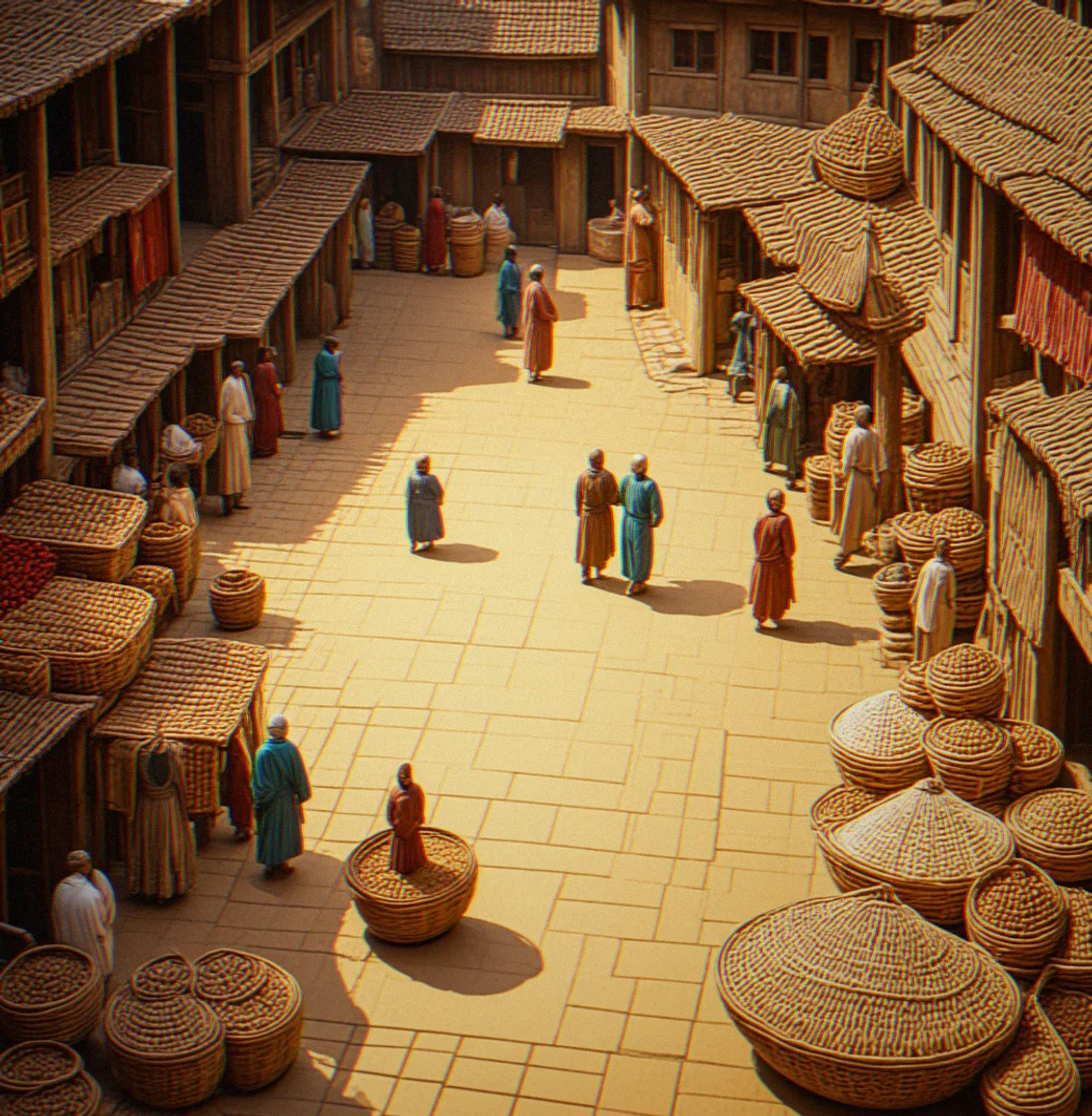 Overhead view of multiple hand-designed bazaar districts with distinct merchant placements