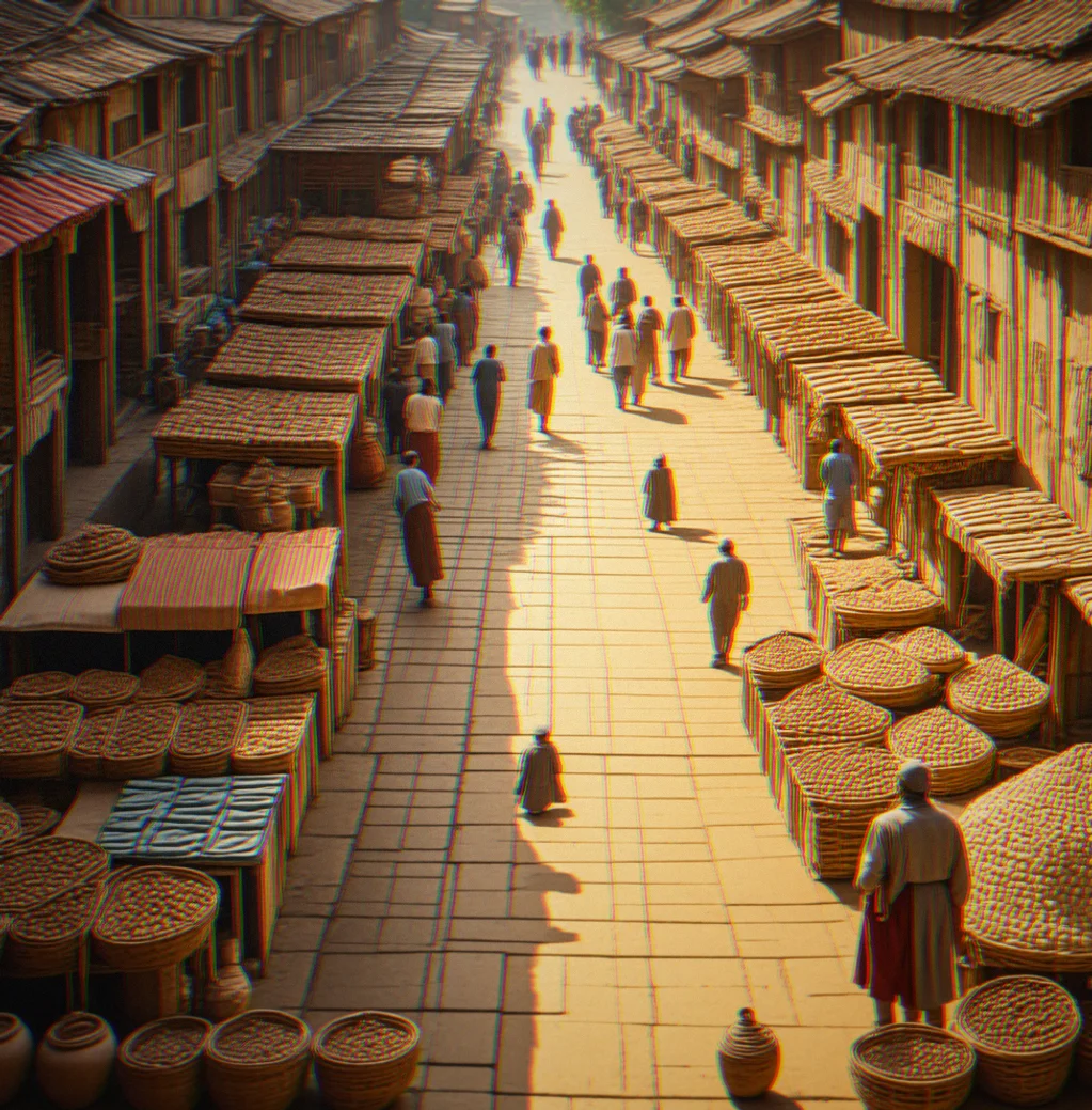 Bird's eye view of a busy bazaar with merchant stalls selling different goods and customers walking around