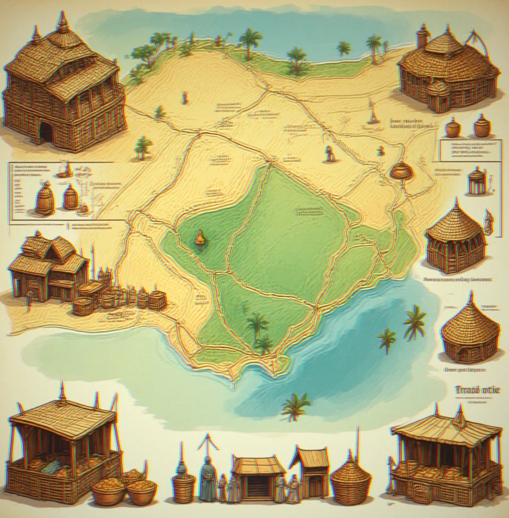 Trade route map across several districts with caravan paths marked and how long each trip takes