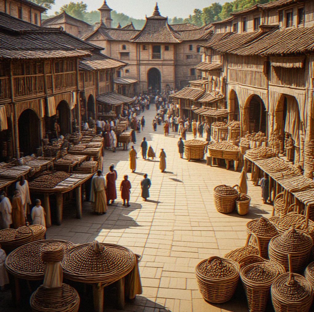 A bustling bazaar district you can actually see yourself navigating, with a dozen merchant stalls clustered around a central plaza and trade goods spread across wooden tables