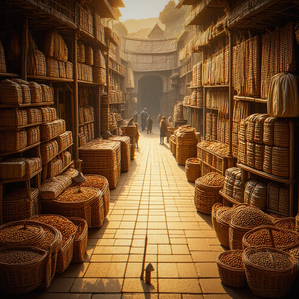 Inside a warehouse with bolts of fabric stacked high, ceramic crates, sacks of spice and a running cost that eats about eight percent of your stored value each turn