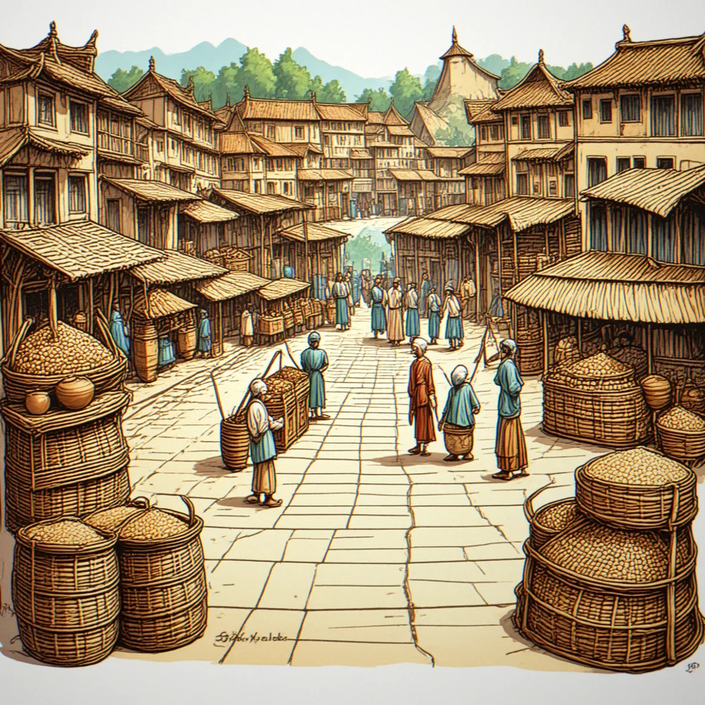 Hand-drawn bazaar district map showing merchant stall placements and trade routes