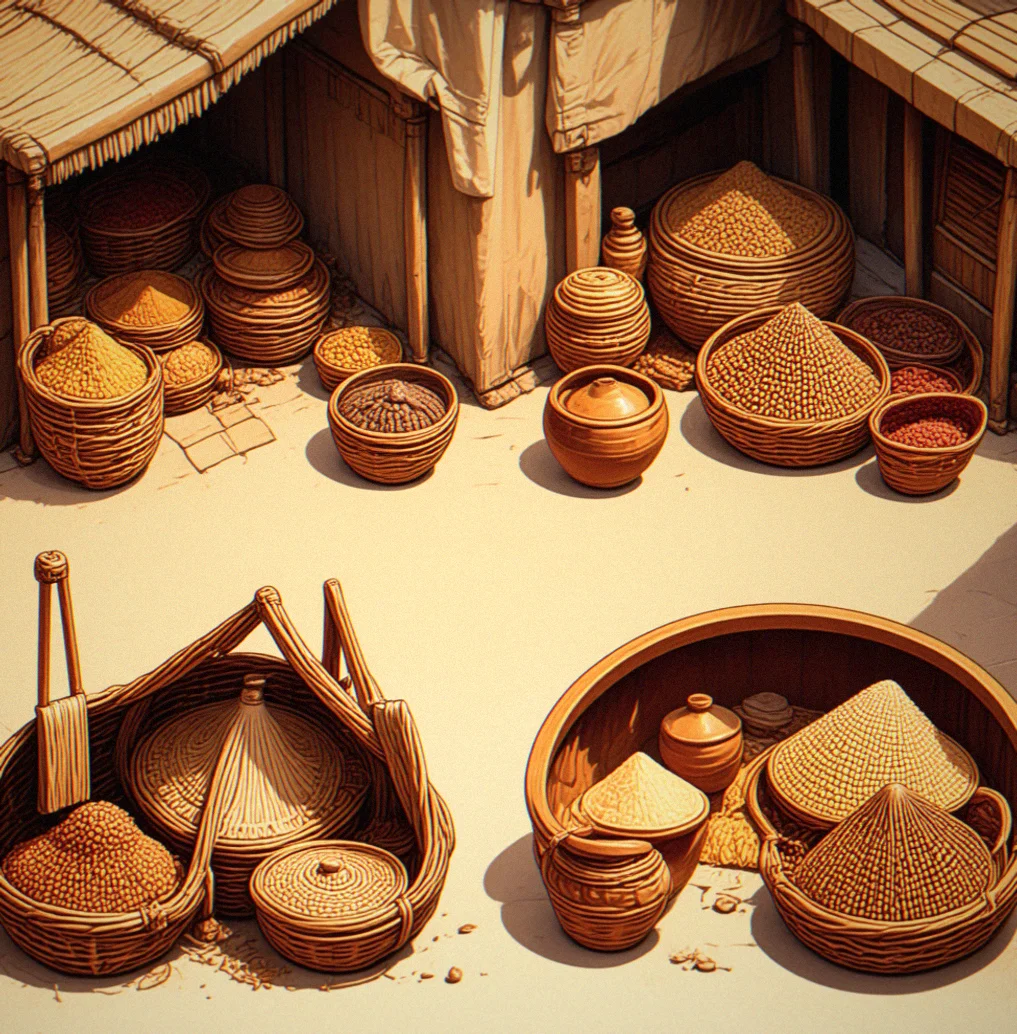 Four commodity icons representing spices, textiles, metals, and ceramics
