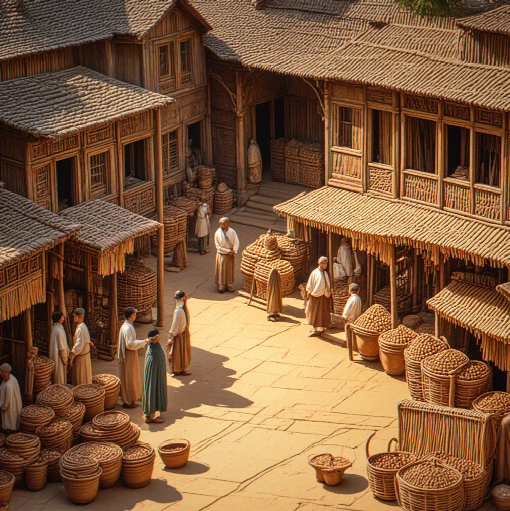 A bazaar district built by hand, with merchant stalls, supply routes, and storage for goods