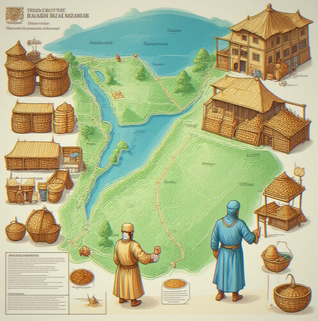 Trade route map displaying transport routes between bazaar districts with travel time indicators